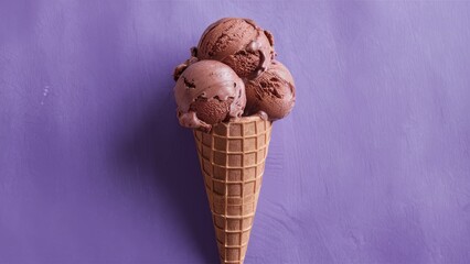 Aufkleber - Chocolate ice cream scoops in a waffle cone on a textured lavender background, with three generous scoops stacked atop the cone.