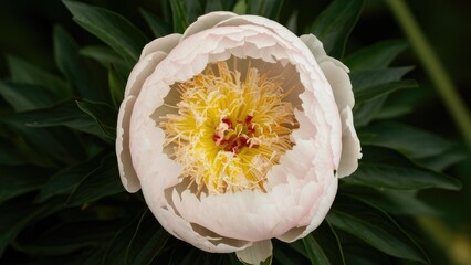 Aufkleber - Delicate white peony bloom with vibrant yellow center and fine golden filaments surrounded by lush green foliage in soft natural light.