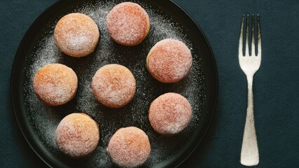Poster - Sugar-dusted round pastries on a black plate with a silver fork on a dark green surface, creating a cozy dessert arrangement.