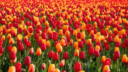 Poster - Colorful tulip field showcasing vibrant red and orange flowers in full bloom against lush green foliage under a clear blue sky.