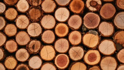 Circular cross-sections of cut timber stacked together showcasing warm browns and tans with intricate tree rings patterns, set against a dark background.