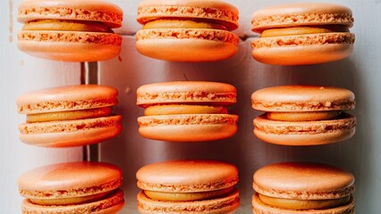 Poster - Orange macarons arranged in a grid pattern on a white backdrop with soft shadows highlighting their smooth textures and delicate fillings.