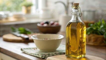 Wall Mural - A glass bottle of oil stands next to a bowl in a bright kitchen, surrounded by fresh ingredients, creating an inviting cooking atmosphere.