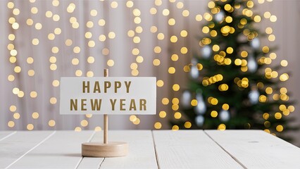 Wall Mural - Happy New Year sign on wooden table with festive bokeh lights in the background and green Christmas tree on the right side creating a celebratory mood