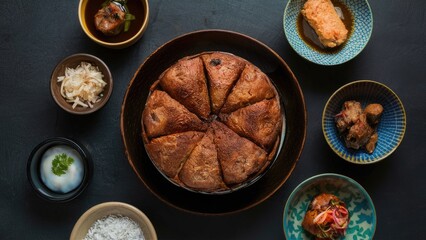 Poster - Diverse gourmet spread featuring golden brown baked dish at center, surrounded by colorful bowls of appetizers, rice, and sauces on dark table.