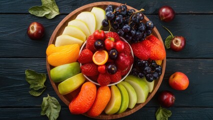 Poster - Vibrant assortment of fresh fruits on a wooden platter featuring red strawberries, green apples, grapes, oranges, and yellow melons arranged attractively.