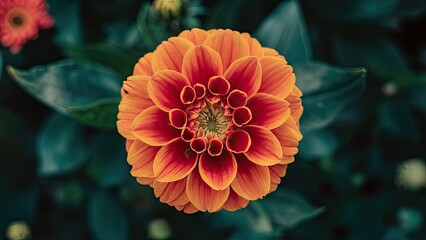 Poster - Vibrant orange dahlia flower with red tips centered in a lush green garden background showcasing rich foliage and contrasting colors.