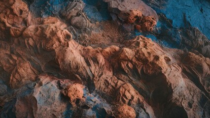 Poster - Textured backdrop with rugged uneven blue and brown rocky surface showcasing organic shapes and contours in a natural landscape arrangement