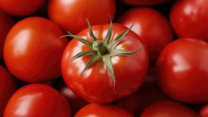 Poster - Fresh red tomatoes arranged closely, with one tomato in the center showcasing bright red color and green stem, against a backdrop of other tomatoes.