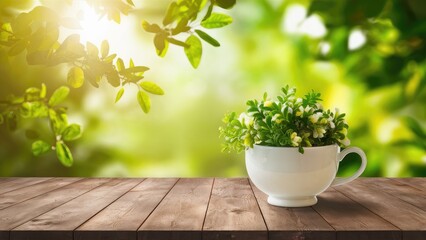 Poster - Brightly lit wooden tabletop with a white cup of greenery in the center, surrounded by softly blurred green foliage and sunlight illuminating the scene.