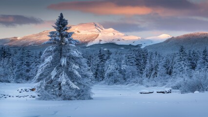 Poster - Winter landscape with snow-covered pine tree in foreground, serene icy plain and distant mountains under a pastel-colored twilight sky.
