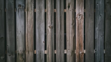 Poster - Weathered wooden fence with gray and brown planks, vertical arrangement, displaying natural textures and a rustic appearance against a dark background.