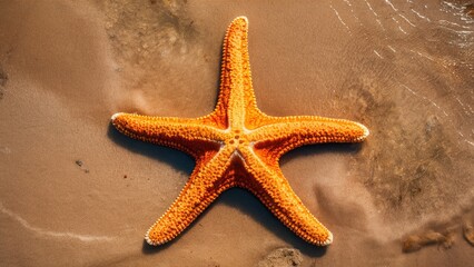 Poster - Vivid orange starfish centered on sandy beach surface with subtle water reflections in background, showcasing texture and color contrast.