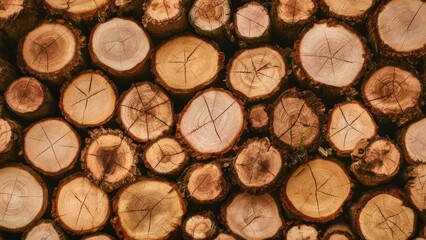 Wall Mural - Circular sections of cut timber logs in various shades of brown with visible rings and textures arranged closely together on a wooden background.