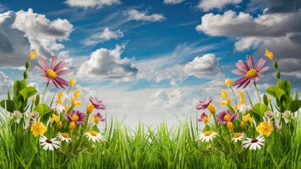 Poster - Lush green grass with vibrant flowers in pink, yellow and white at the foreground, set against a bright blue sky with fluffy white clouds.
