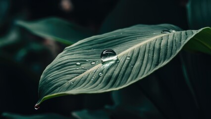 Poster - Close-up of round water droplet resting on textured green leaf at nighttime with soft lighting ideal for nature-themed background or wallpaper use