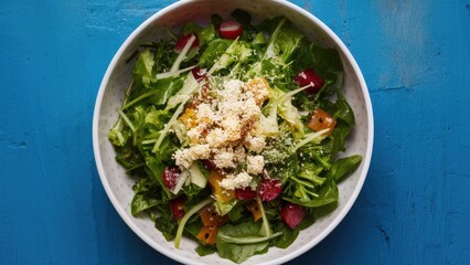 Aufkleber - Fresh green salad with assorted vegetables and cheese, centered in a white bowl on a bright blue surface, highlighting vibrant color contrast.