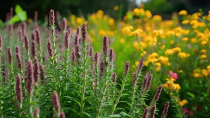 Poster - Vibrant garden scene featuring lush green mint plants in foreground with purple flower spikes and blurred yellow floral background.