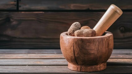 Poster - Wooden mortar and pestle with spices arranged on a rustic wooden table against a dark wooden background displaying natural textures and colors.