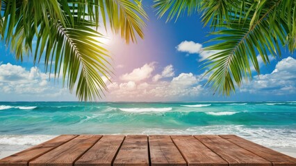 Aufkleber - Tropical beach scene with gentle waves and palm leaves framing a rustic wooden table, against a vivid blue sky with fluffy white clouds.