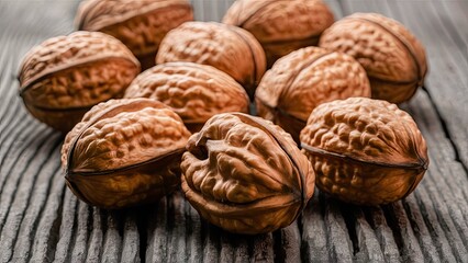 Poster - Walnuts arranged on a textured dark wooden surface with a blurred background highlighting their rich brown tones and intricate shell patterns.