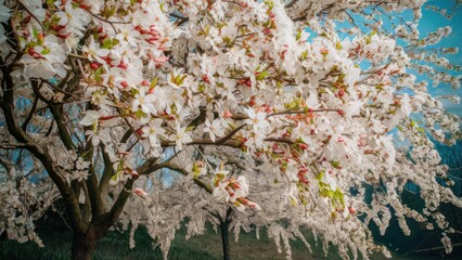 Aufkleber - Blossoming white flower tree with abundant petals against a clear blue sky, branches arching gracefully, vibrant green grass below.