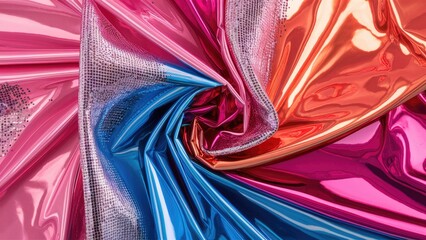 Fototapete - colorful metallic fabric textures featuring vibrant pink, blue, and orange hues with shiny surfaces,