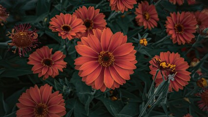 Poster - Vibrant orange flowers with dark green foliage, beautifully arranged in a natural setting, creating a captivating and serene floral composition.
