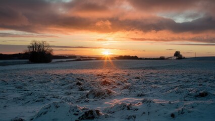 Poster - Serene winter sunset illuminating a snow-covered field with warm orange and pink hues casting long shadows across the white landscape.