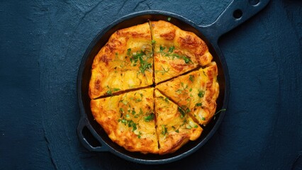 Aufkleber - Traditional Spanish Tortilla de Patatas served in a cast iron skillet, golden yellow with green herbs, cut into six triangular slices on a dark background.