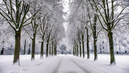 Aufkleber - Winter landscape showcasing a snow-covered park with tall, frosty trees lining a serene white pathway under a soft gray sky.