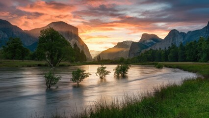 Poster - Serene sunset over a river with vibrant orange and pink hues, silhouetted trees in water, dramatic mountains and lush green foreground.