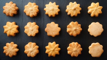 Aufkleber - Assorted golden baked flower-shaped sweet biscuits arranged in a grid on a dark wooden surface, showcasing their textured surfaces and intricate designs.
