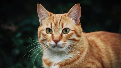 Aufkleber - Close-up of a serene orange cat with striking green eyes, featuring rich orange fur against a dark green blurred background.