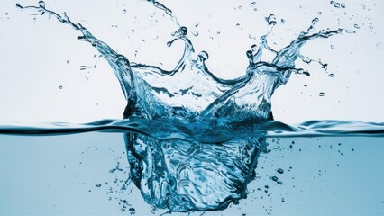Fototapete - Dynamic water splash captured on a white background with vibrant blue tones showcasing fluid motion and energy in mid-air action.