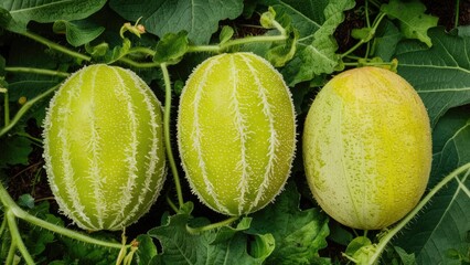 Poster - Three ripe bitter melons in varying shades of green arranged horizontally on lush green leaves, showcasing textures and natural lighting.