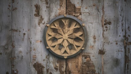 Poster - Weathered wooden wall background in shades of gray and brown with a central decorative circular element in muted tones on a rustic surface.