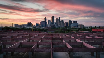 Aufkleber - Urban skyline with contemporary buildings under a vibrant sunset, expansive vacant square floor layout in the foreground, soft pink and orange hues in the sky.