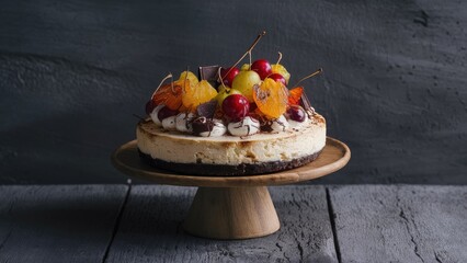 Poster - Cheesecake dessert with candied fruits and chocolate on a wooden pedestal, set against a dark concrete background and gray wooden table.