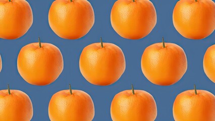 Poster - Pattern of vibrant orange tangerines arranged in rows on a solid blue background creating a fresh and colorful visual texture.