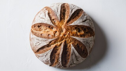 Poster - Freshly baked round rye bread loaf with a detailed crust pattern on a clean white background, showcasing earthy tones and rustic texture.