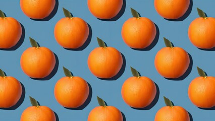 Poster - Fresh tangerines arranged in a grid against a soft blue background with vibrant orange colors and green leaves creating a striking contrast.