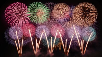 Poster - Colorful fireworks in vibrant pink, green, and purple bursts against a dark night sky, creating an impressive symmetrical explosion of light.