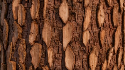 Fototapete - Tamarind tree bark texture showcasing rich brown tones with elongated light patches arranged in a vertical pattern on a rugged surface.