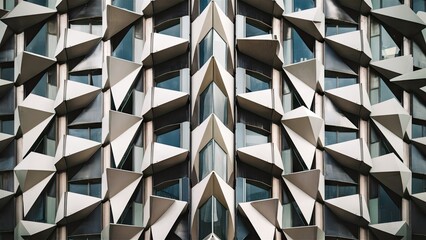 Poster - Geometric facade of contemporary building showcasing white triangular shapes arranged at dynamic angles against a glass window backdrop.