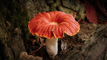 Poster - Vibrant orange ganoderma lucidum mushroom with yellow edges, prominently displaying its unique cap, set against a textured natural background.