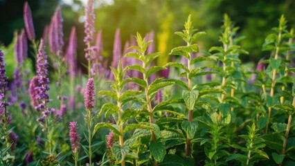 Poster - Lush green mint plants in the foreground with purple flowers in the background under soft sunlight in a vibrant summer garden setting