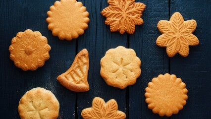 Aufkleber - Delicious assortment of golden sweet biscuits and pastry treats arranged on a dark wooden surface with intricate designs and varying shapes