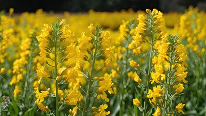 Poster - Vibrant close-up of yellow rapeseed flowers in a lush green field under bright sunlight with blurred floral background creating a lively atmosphere