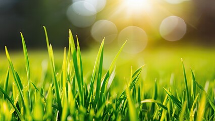 Aufkleber - Lush green grass illuminated by bright sunlight with soft focus bokeh background creating an abstract nature scenery in vibrant hues
